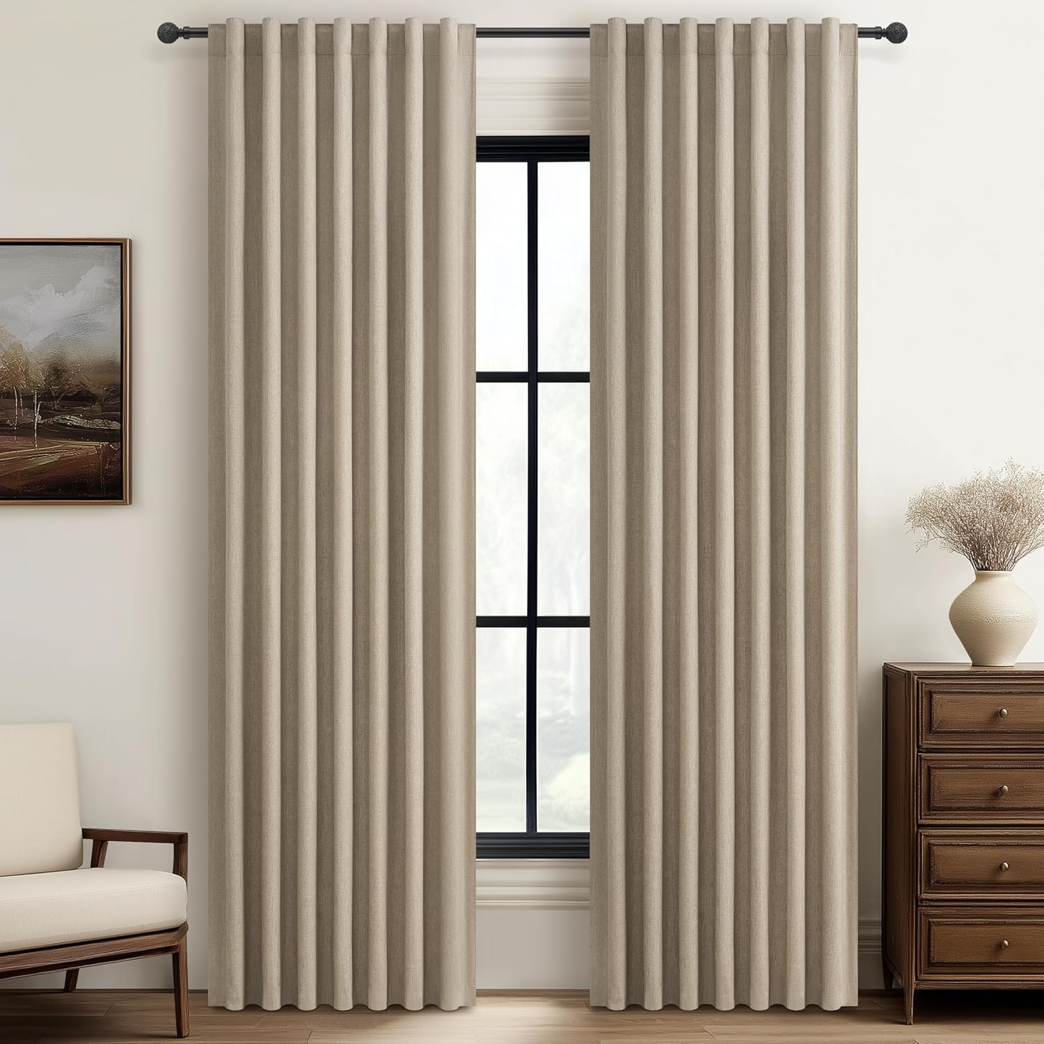 100% Blackout Curtains 84 Inch Length 2 Panels Set Farmhouse Style for Bedroom WindowsLiving Room Thermal Insulated Neutral Boho Drapes Linen Blend Dark GreyBeige 7ft Long Hook Belt PleatedBack Tab