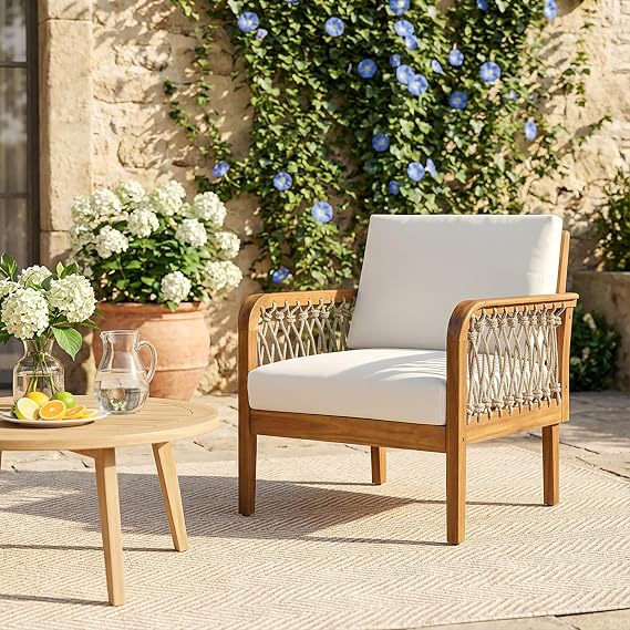 Christopher Knight Home Arami Acacia Wood Lounge Chair Outdoor with Removable Cushion, Solid Wood Patio Accent Chair with Rope Weave Design, Patio Furniture Set Sofa Chair, Beige+Cream+Teak