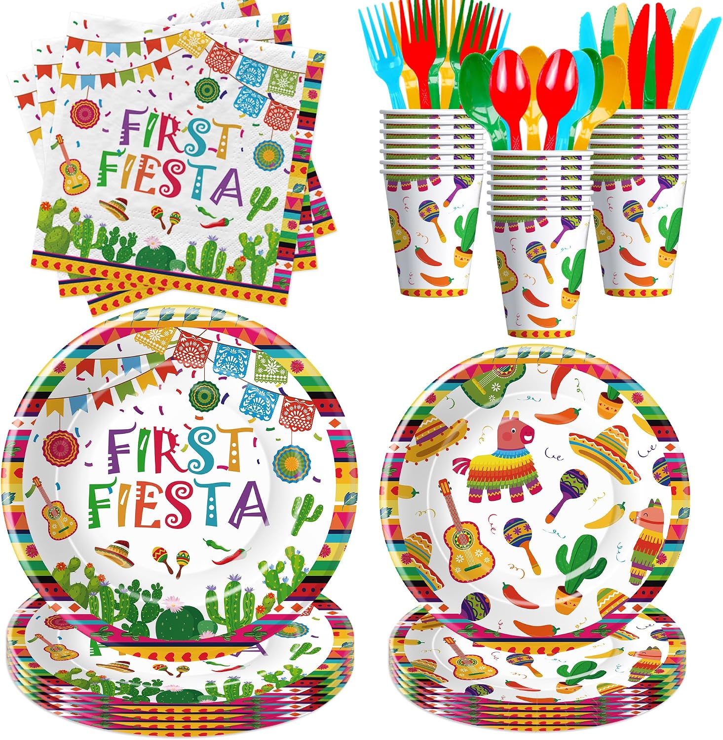 Fiesta 1st Birthday Party Supplies - First Fiesta Birthday Decorations Tableware, Paper Plate, Cup, Napkin, Cutlery, Cactus Mexican Cinco De Mayo Taco One Year Old Decorations | Serves 24
