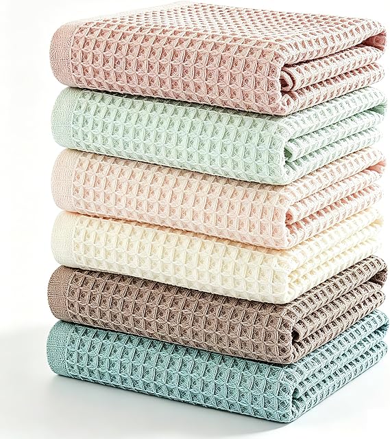 vfaejll Kitchen Towels Set 6 Pack, 100% Cotton Waffle Weave Dish Cloths & Dish Towels, 13x13 Inch Hand Towels for Kitchen, Absorbent Quick-Drying Dish Rags for Washing Dishes, 6 Colors