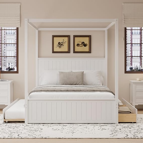 Queen Size Modern Canopy Bed with Storage Drawers & Trundle, Solid Wood Canopy Bed Frame with Tall Headboard, Sturdy Wood Platform Bed with 4 Poster for Living Room, No Box Spring Needed, White