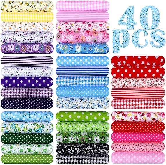 40 Pcs 20 x 20 Inch Cotton Fabric Bundles Fat Quarter Quilting Patchwork Multicolor Animals Tree Flower Printed Precut Square Fabric Sheet for Sewing Crafting DIY Crafts Cloths Handmade Accessory