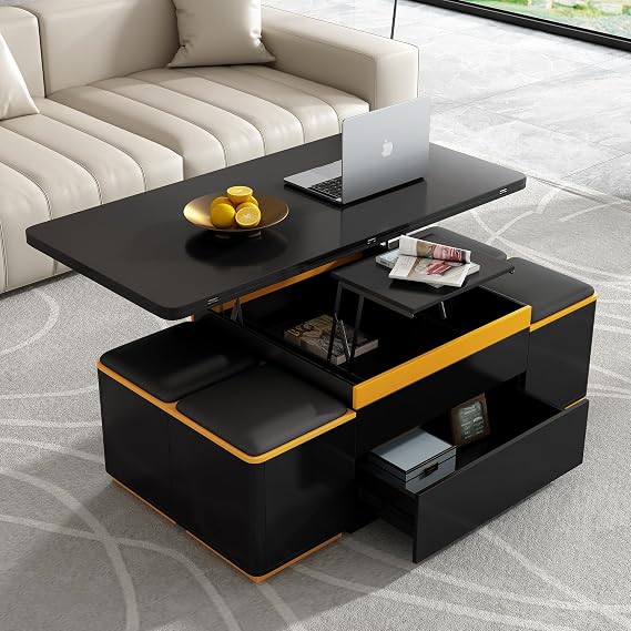 Modern Lift-Top Coffee Table with 4 Storage Stools, 47.2-Inch Space-Saving Center Cocktail Table with Hidden Storage Space & Folding Top for Living Room, Black