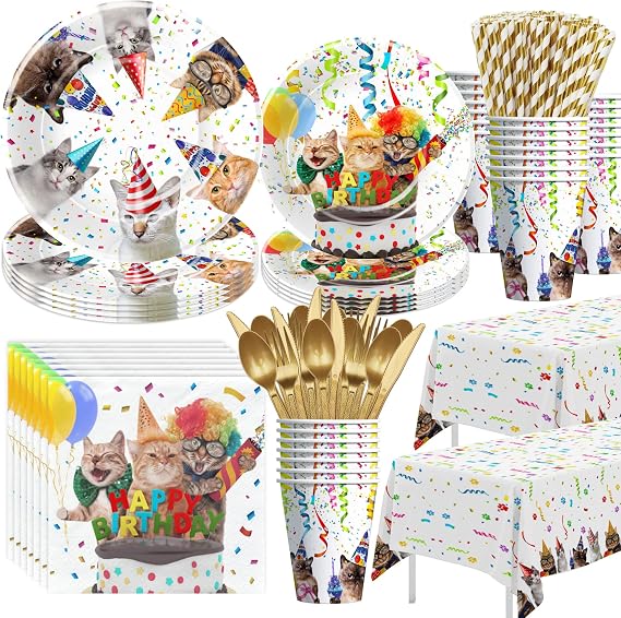 APOWBLS Cat Birthday Party Supplies - Kitten Cat Party Decorations Tableware, Paper Plates, Cups, Napkins, Tablecloth, Cutlery, Straw, Kitten Table Decorations | Serves 24