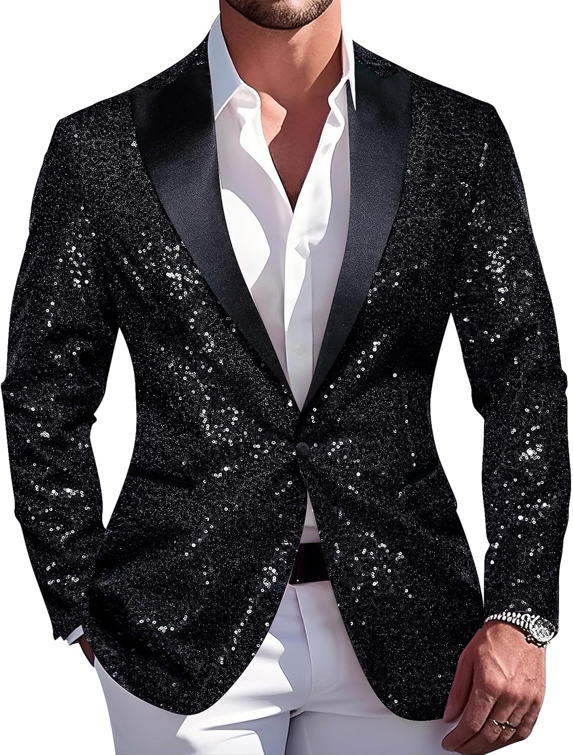 Barry.Wang Mens Sequins Blazer Sparkle Dress Suit Jacket Cocktails Shiny Metallic Disco Dance Party Tuxedo Homecoming