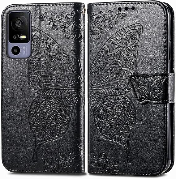 Case for Jitterbug Smart4,PU Leather Butterfly Embossed Flowers Magnetic Flip Cover Stand Card Holders Hand Strap Wallet Purse Cases for Jitterbug Smart4 -Black