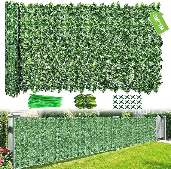 Artificial Ivy Fence Screening, 3M X 1M Garden Screening with 100pcs Zip Ties,Garden Screening Roll,Ivy Trellis Screening,Artificial Leaf Trellis,Foliage Wall Panel,UV Resistant