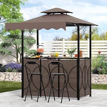 Grepatio 3 Piece Patio Bar and Grill Set, Grill Gazebo with Bar Table and 2 Foldable Stools, Outdoor Bar Set with Canopy, Extra Adjustable Shadow, Storage Shelves, Glass Holders for Garden Backyard