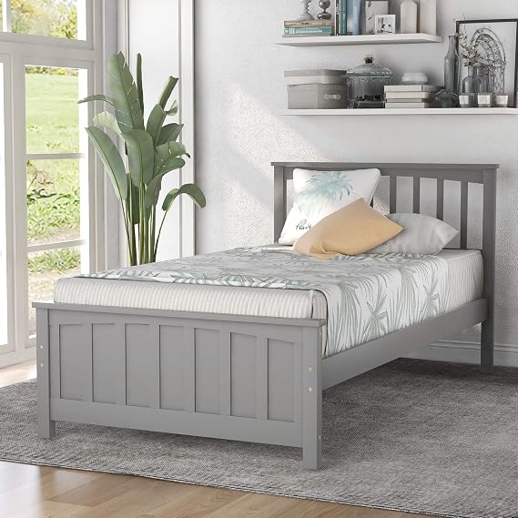 CITYLIGHT Twin Bed Frames for Kids,Wood Twin Size Platform Bed Frame with Headboard and Footboard, Kids Twin Bed Single Bed for Girls Boys,Grey