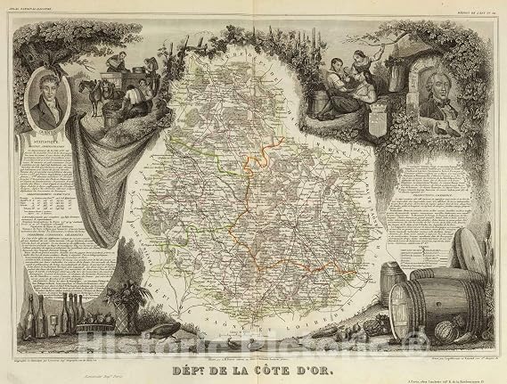 Cote-d'Or, France - Road Map, 1856 - Historical Atlas Plate Print - 24in x 18in