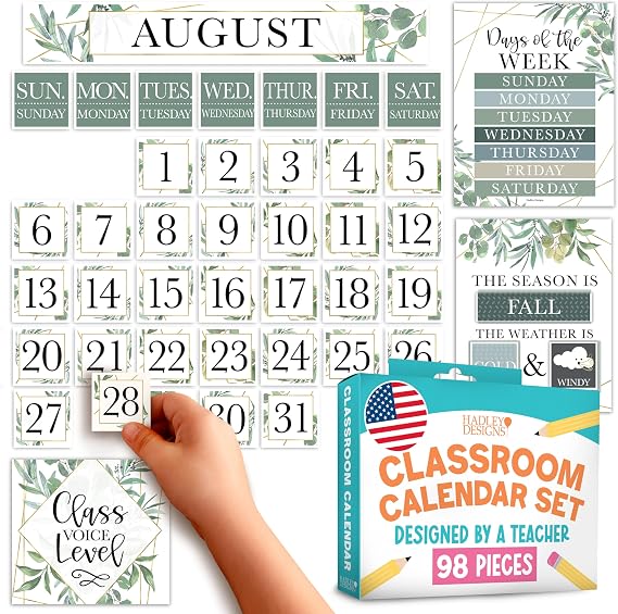 Hadley Designs Classroom Calendar Set Bulletin Board Decorations - Greenery School Calendar for Classroom Decor, Kindergarten Preschool Elementary Teacher Must Haves, Homeschool & Daycare Essentials