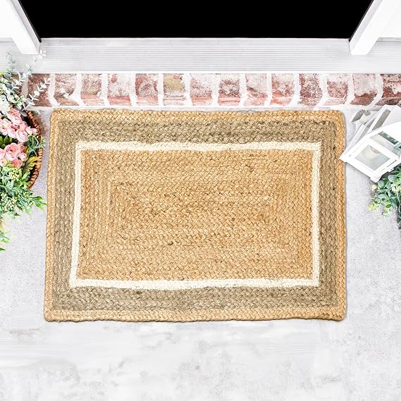 Hand Woven Natural Jute Braided Rug -17x29 Inch | Vintage Boho Reversible Doormat for Entryway, Front Door | Farmhouse Natural Fiber Rugs for Bedroom, Kitchen, Living Room