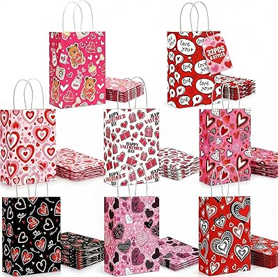 VGOODALL 32PCS Valentines Gift Bags, Heart Shaped Treat Bags with Handle for Wedding Classroom Valentines Day Party Favors