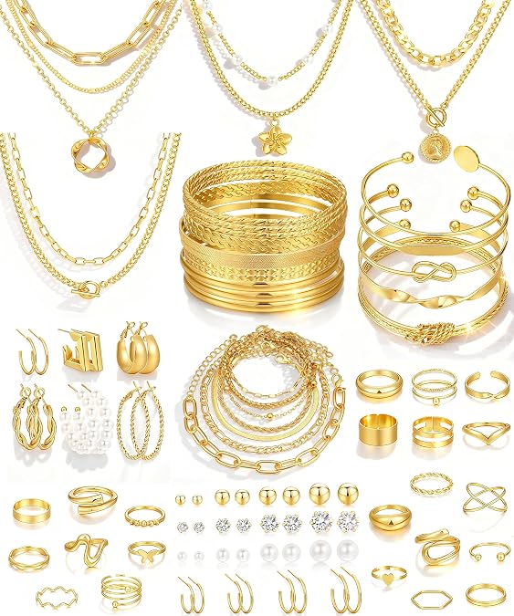 17 MILE 78 Pieces Gold Jewelry Set for Women, 9 Necklace, 24 Bangle Bracelet, 22 Earrings, 23 Knuckle Rings Gold Plated Jewerly set for Women Gift
