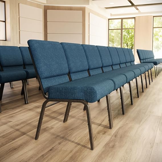21"W Stacking Church Chair in Blue Fabric - Gold Vein Frame