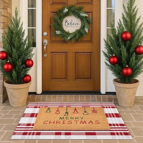 Christmas Door Mat Combo Set - 100% Coco Coir Welcome Mat + 28 x 43 Inch Red and White Diagonal Plaid Rug, Holiday New Year Christmas Collection Decorative Doormat for Front Porch Entryway Decor