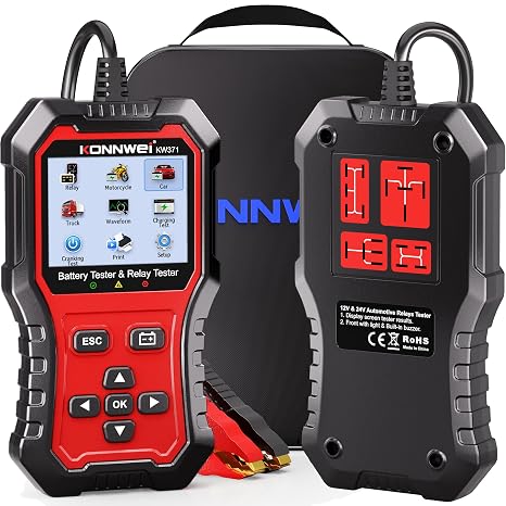 KONNWEI KW371 Battery Tester & Relay Tester | Tests 6V/12V/24V car batteries (AGM/GEL/EFB/Lithium) & 4/5-pin automotive relays. Checks CCA, charging & starting system.