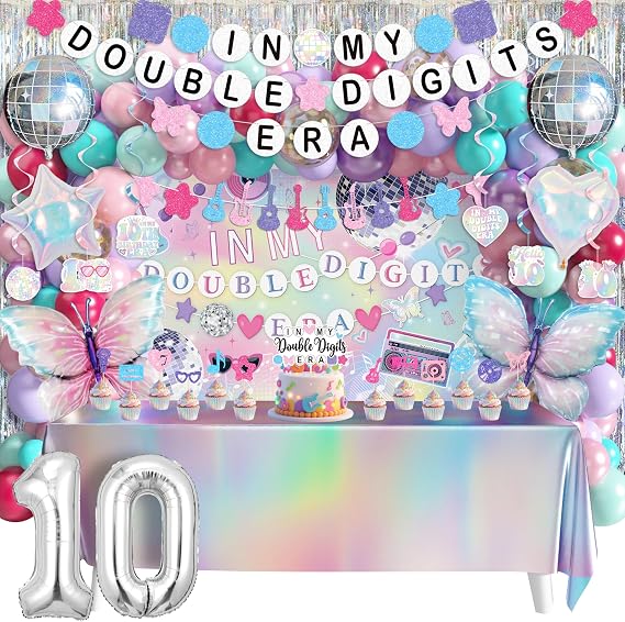 10th Birthday Decorations for Girls, Double Digits Birthday Girl Party Decor, Party Supplies with Pink Purple Balloon Arch Friendship Bracelet Banner Backdrop Hanging Swirls