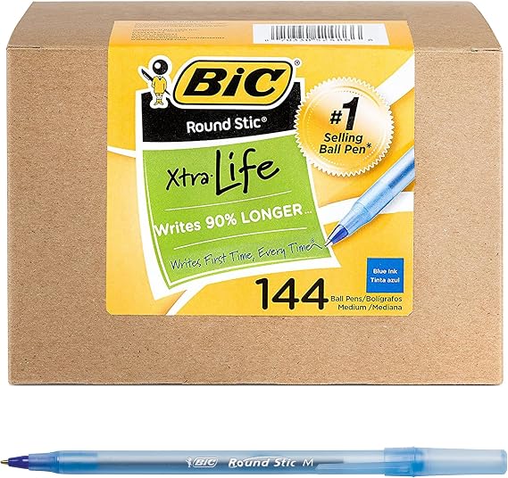 BIC Round Stic Xtra Life Ballpoint Pen, Medium Point (1.0mm), Blue, Flexible Round Barrel For Writing Comfort, 144-Count
