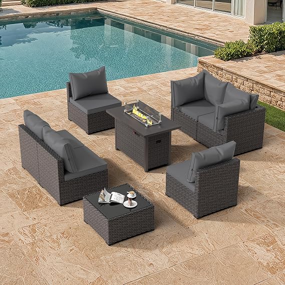 Outdoor Patio Furniture Set with Fire Pit Table, 8 Pieces Wicker Patio Sectional Furniture, Patio Conversation Couch Seating & 42" Fire Pit (Gray)