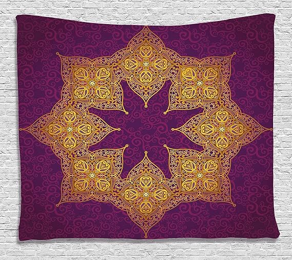 Ambesonne Purple Tapestry, Traditional Mandala Moroccan Royal Colors Mystic Cosmos Theme Print, Wide Wall Hanging for Bedroom Living Room Dorm, 80" X 60", Violet Yellow