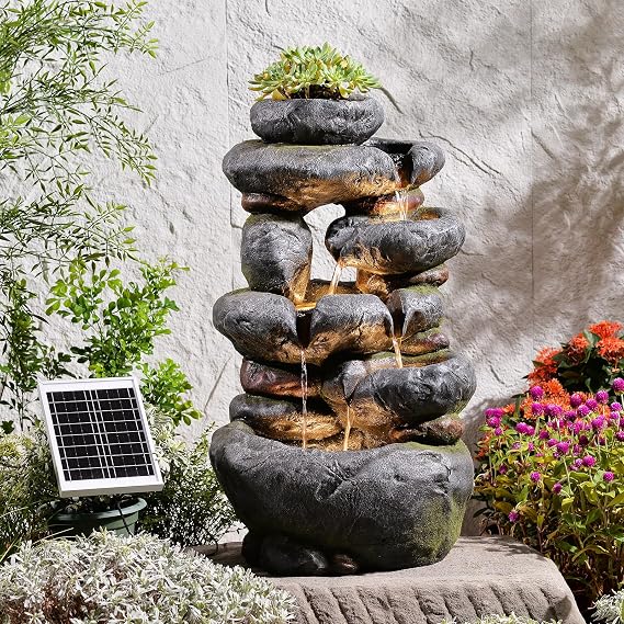 5 Tiers Cascading Solar Water Fountain Outdoor Garden,29.5" H Outdoor Water Fountain with LED Lights Pump and Flowers Pot for Patio, Backyard, Deck, Porch, Home Decor Natural Stone Look