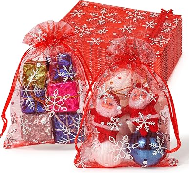 Hopttreely 100pcs Christmas Organza Bags, 4X4.72'' Red Snowflake Small Mesh Drawstring Gift Bags for Party Favor Goodie Candy Treat