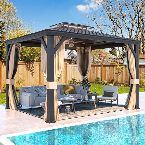 YOLENY 12'x10' Hardtop Gazebo, Outdoor Canopy Gazebos wtth Acrylic & Galvanized Steel Roof,Aluminum Frame with Curtains and Netting, Sunshade for Garden, Patio, Lawns Black