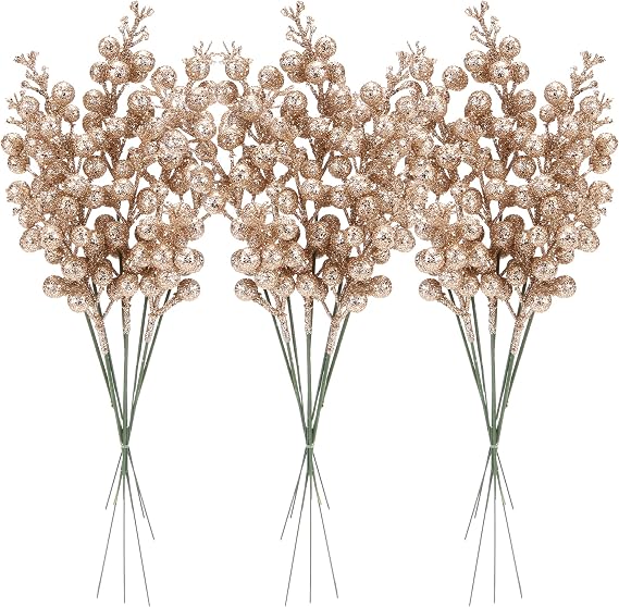 Sea Team 24-Pack Artificial Glitter Holly Berry Twig Ornaments, Champagne