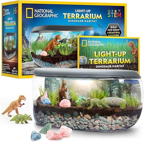 National Geographic Light-Up Dinosaur Terrarium Kit for Kids Ages 6+ | Real Plants and Gemstones, Night Light, Dino Habitat, DIY Science Activity, Dinosaur Toys, Birthday Gift