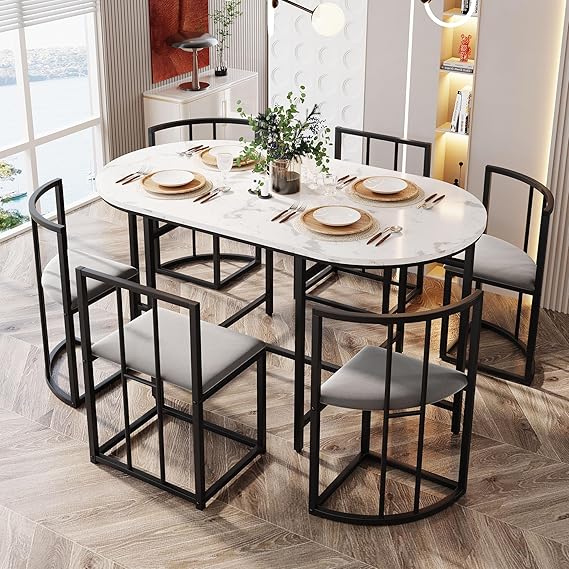 ModernLuxe Modern Dining Room Set, 6-Piece, White Marble Pattern Table, Grey Upholstered Chairs with Backrests, Black Iron Frame