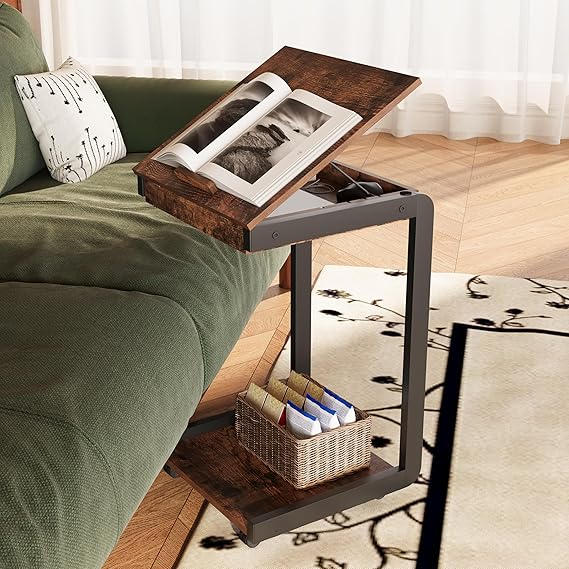 Rolling TV Tray Table with Storage,C Table with Drawer for Couch