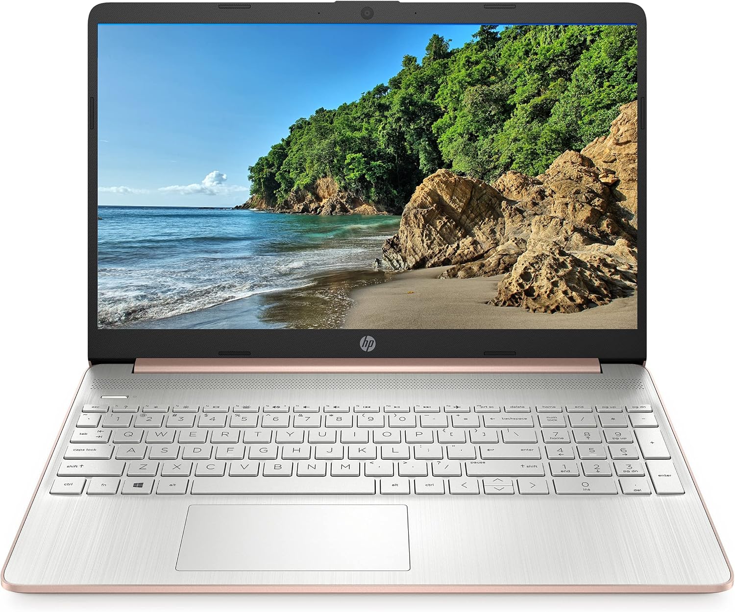 HP 15z Laptop, 15.6 HD Screen, AMD Ryzen 5-3500U Processor 2.1GHz to 3.7GHz, 12GB Memory, 1TB PCIe SSD, Webcam, HDMI, Type-C, SD Card Reader, Windows 11 Home, Rose Gold, KKE Mousepad
