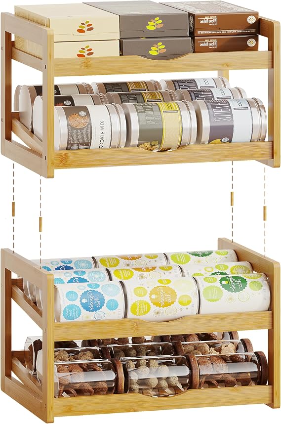 BAMBANG Can Organizer for Pantry, Detachable Bamboo 4 Tier Stackable Can Storage Rack, Rolling Soda Can Dispenser Can Holders for Cabinet, Holds Up to 48 Cans | Made of bamboo