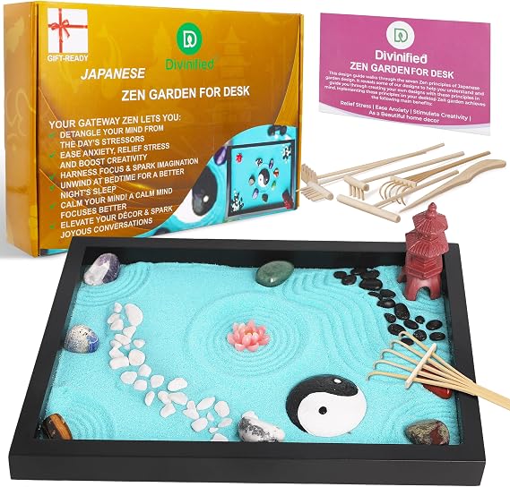 Zen Garden for Desk, Sand Tray Therapy Kit, Therapy Office Decor, 11x8-11 Japanese Desktop Zen Garden Accessories and Meditation Accessories for Home and Office Relaxation