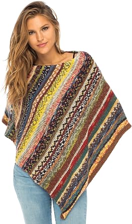 Back From Bali Womens Colorful Knit Poncho Sweater Cape Soft Striped Boho Tunic Shawl
