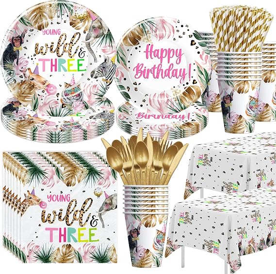 APOWBLS Young Wild And Three Decorations Girl, Safari 3rd Birthday Supplies