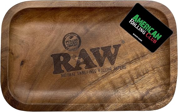 RAW Wood Rolling Tray (Size Small 11x 7x 1") Durable RAW Wooden Tray with Smooth Round Corners and American Rolling Club Scoop Card