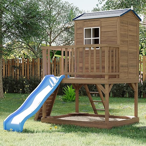 Kids Outdoor Playhouse with Sandbox, 2 Story Wooden Playhouse with Slide, Elevated Cedar Wooden Kids Playhouse with Step Ladder