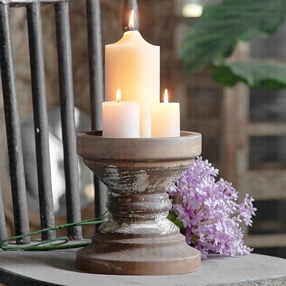 Farmhouse Antique Candle Holder for Pillar Candle, Vintage Wooden Pillar Candle Holder,Rustic Candlestick Holder for Table Centerpiece,Coffee Table Decor (6.7" x 6.7" x 7.1")