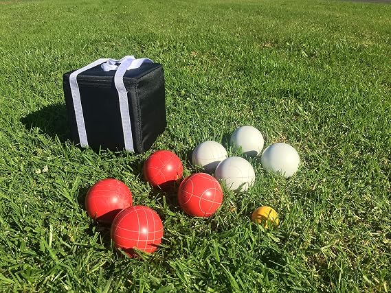 Listing - Unique Bocce Set - 107mm with White and Red Balls, Black Bag