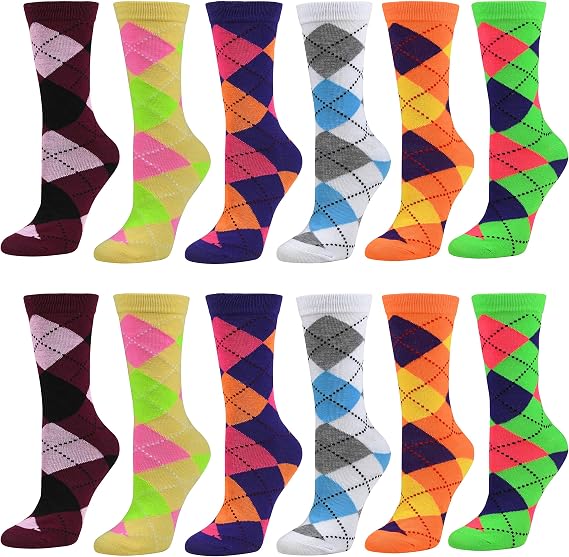 Debra Weitzner 12 Pairs Womens Colorful Cotton Crew Socks Casual Argyle Patterned Fun Socks for Girls