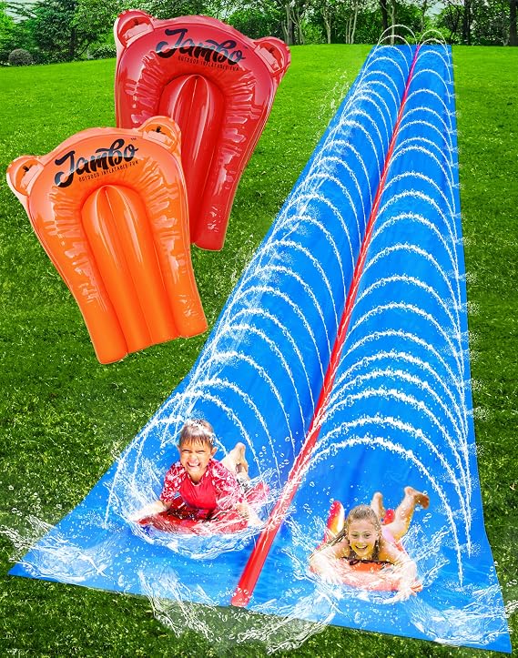 JAMBO 40FT Mega Slip Splash and Slide and 2 Bodyboards, Heavy Duty Water Slide Backyard Outdoor Water Toy for Kids with Sprinkler, Waterslide Splash Mat, Pad, Double Lane Summer Toy