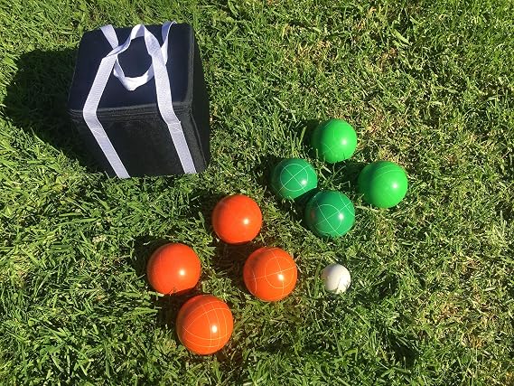 Listing - Unique Bocce Set - 107mm with Green and Orange Balls, Black Bag