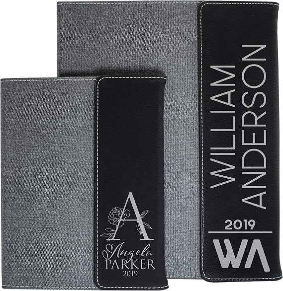 Personalized Portfolio Padfolio, Black Leather/Gray - Canvas Business Portfolio Organizer Folder, Custom Notepad Holder for Resume, Professional Business Gifts with 2 Sizes - 7 Designs