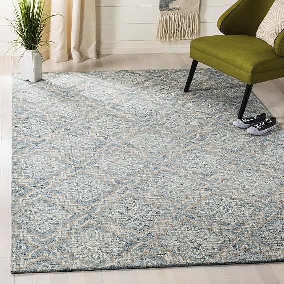 SAFAVIEH Abstract Collection Area Rug - 10' x 14', Blue & Grey, Handmade Wool, Ideal for High Traffic Areas in Living Room, Bedroom (ABT201A)