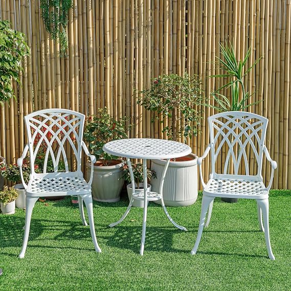 3 Piece Outdoor Bistro Set, Cast Aluminum Patio Table and Chairs Set of 2 with 1.97" Umbrella Hole, All Weather Outdoor Dining Set for Garden,Porch,Balcony (White 1)