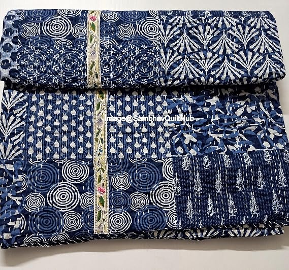 Blue Indigo Print Less Cotton Handmade Handblock Quilted Blanket Indian Cottodspread Kantha Indigo Print Beork Bohemian Bed Decor Block Throw Blanket Twin/King/Queen (60X90 inch)