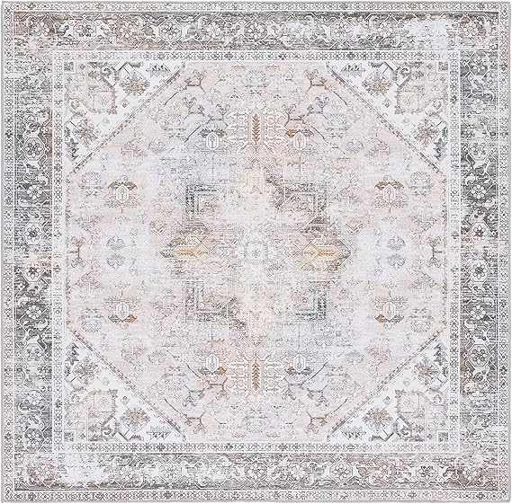 SAFAVIEH Washable Rug Tucson Collection - 5' Square, Beige & Grey, Slip Resistant & Easy to Clean, Ideal for Living Room, Bedroom, Dining Space (TSN102B)