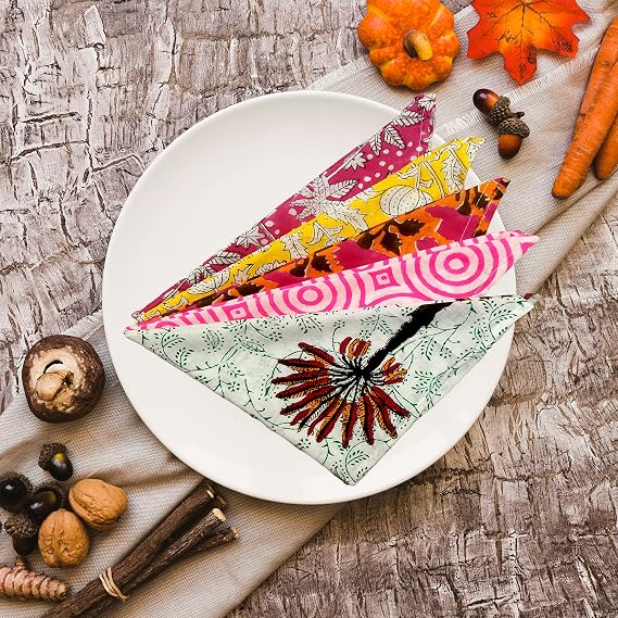 6 Pc Cotton Cloth Napkins Hand Block Print Hand Made Size 16x16 Inch Printed Home Decor Indian Eco Friendly Mix Lot Dinner Napkins (Multicoloured)